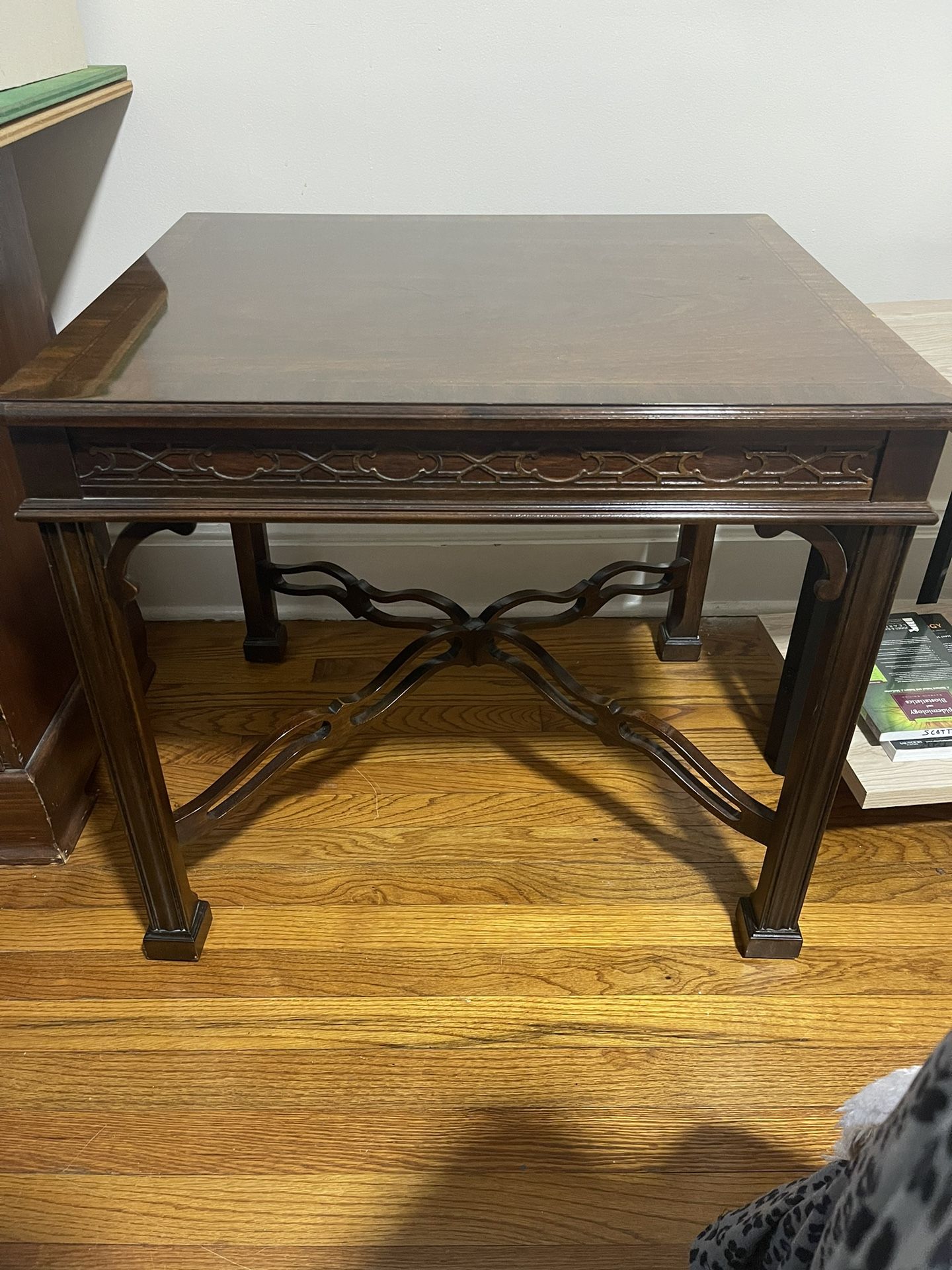1980s Drexel Heritage Chippendale Walnut Accent Table W/ Fretwork and Banded Top