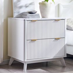 Modern Fluted Wood Night Stand, 30" Tall Bedside Table with 2 Drawers & Large Tabletop, Side Tables Bedroom, End Table for Living Room, Whi