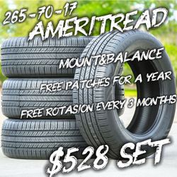 265/70R17 AMERITREAD TIRE SET ​Special Pricing: Complete set of 4 Ameritread tires in size 265/70R17 for $528. ​Included Services: Includes profession