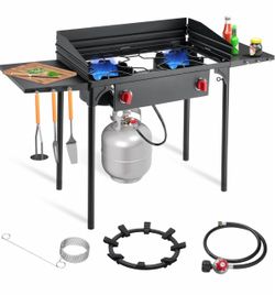 2 Burners Portable Propane Stove with Wind Panel & Side Shelves,Portable Camping Stove with High Efficiency Propane Burner,Outdoor Stove for Camping,