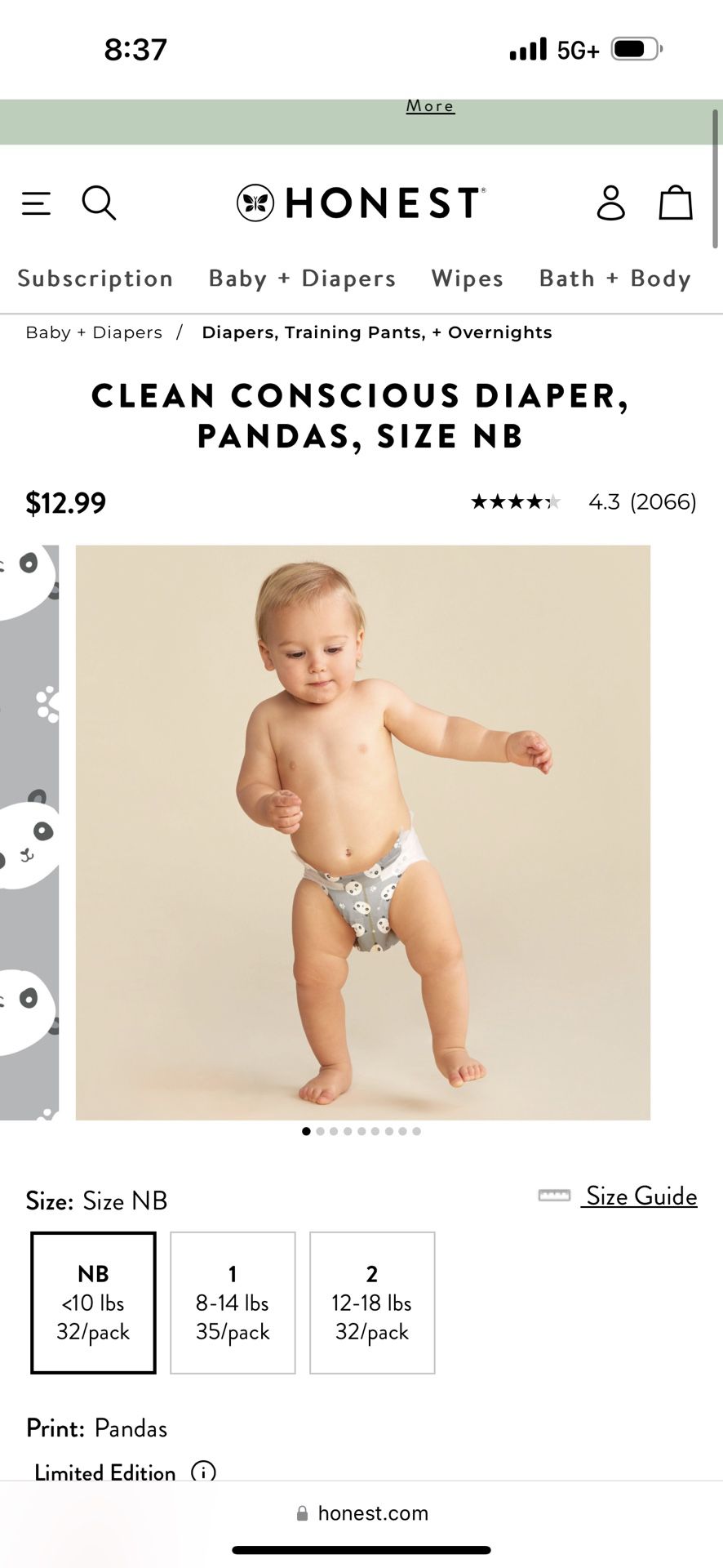 HONEST brand  Pandas Diaper Size newborn 