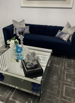 Blue Velvet Sofa – Like New Condition