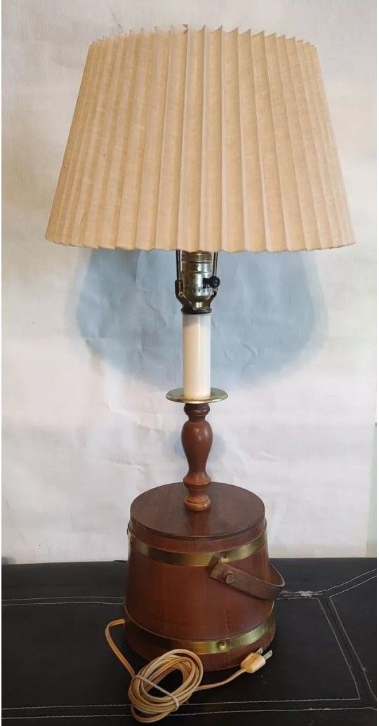 American Lamp and Shade Wood Firkin Sugar Bucket Candlestick Table Lamp Antique
