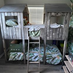Rustic House-Style Bunk Bed Frame w/ Ladder (No Mattress)