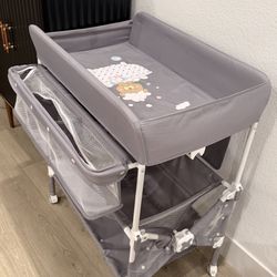 Baby Diaper Changing Station With Storage[Has Wheels And Foldable] - Grey Fabric With White Legs
