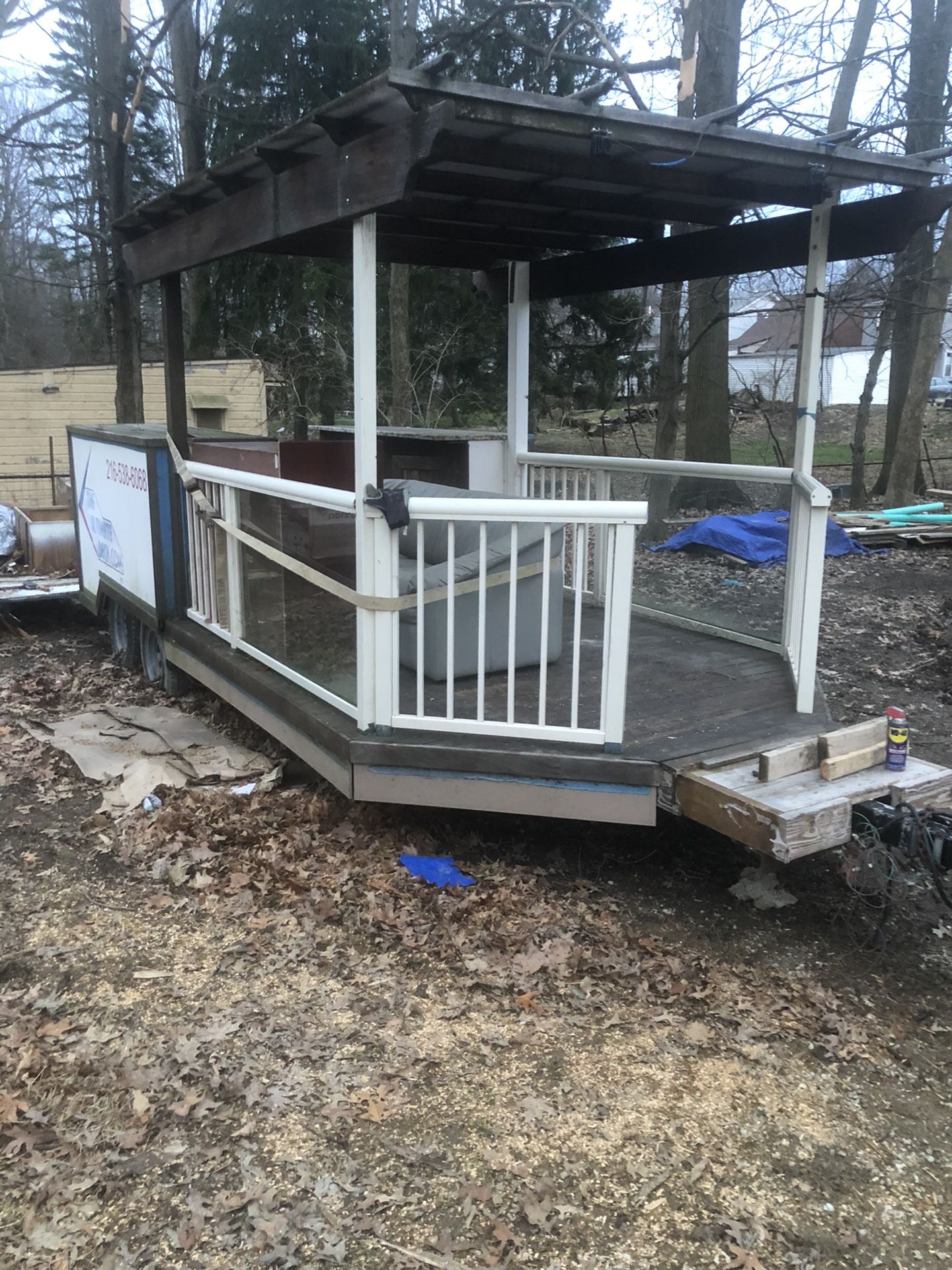 Tandem trailer, with granite counter top and cabinets, decking flooring, canopy and aluminum glass railings , tires are fair. No title need gone ASAP.