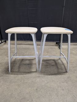 Pair of Grey Metal Bar Stools with Upholstered Seats