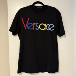 Versace Men’s Multicolor Embroidered Logo Black T-Shirt Size Medium