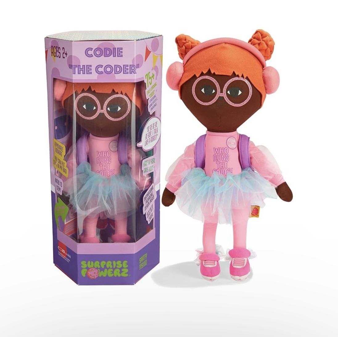  Surprise Powerz Codie The Coder Plush Doll Girls Toys, 16" Black Doll, Educational Play Gift, STEM Learning - 2-5 Year Old