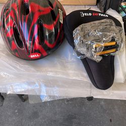 Bike Seat Cover  ( Jell Cushion Yes) And 1 Pair Of Pedals New + Helmet