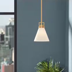 Home Decorators Collection Clermont 1-Light Satin Brass Shaded Pendant Light with Milk Glass Shade