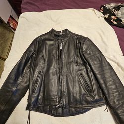 Motorcycle jacket, black leather with front and back air vents