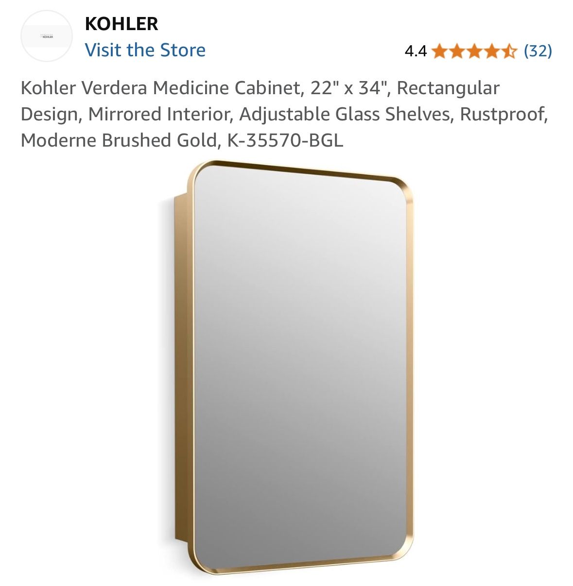 Kohler Verdera Medicine Cabinet, 22" x 34", Rectangular Design, Mirrored Interior, Adjustable Glass Shelves, Rustproof, Moderne Brushed Gold, K-35570-