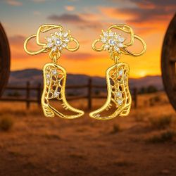 Western Cowboy Hollow Boot Drop Earrings Gold Tone Rhinestone