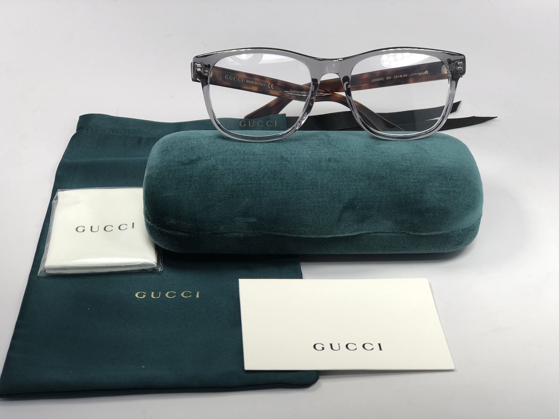 *NEW AUTHENTIC* GUCCI GG0004O 004 GRAY HAVANA EYEGLASS FRAME, SIZE 53mm w/Gucci Case, Cloth and Pouch