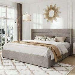 King Size Lift Up Platform Storage Bed Frame with Channel Wingback Headboard, Light Beige