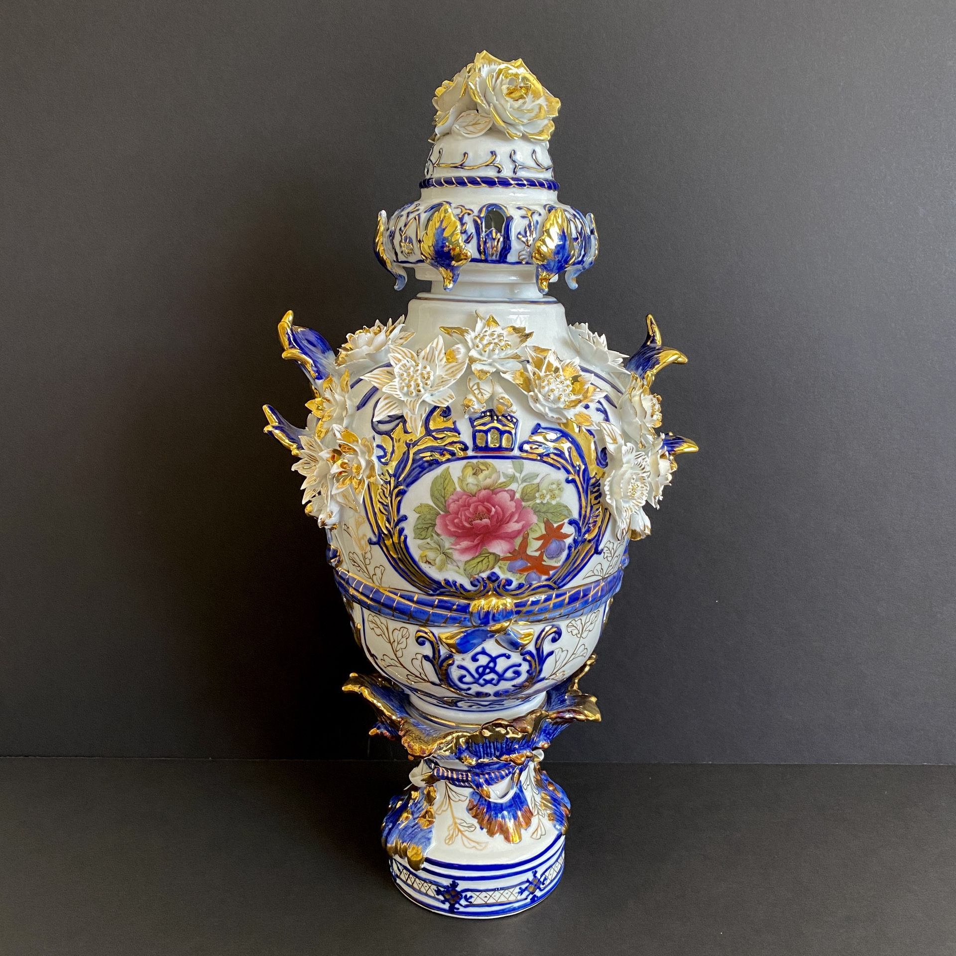 Vintage 17” Champion Floral Vase w/ Lid, Gold Blue White Porcelain, European Sevres Meissen Style