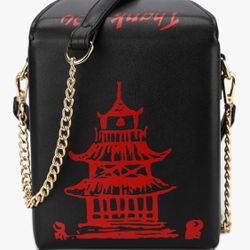 Chinese Takeout Box Purse – Black with Red Design & Gold Chain Strap