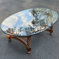 Vintage Antique Mid Century Colonial Country Farmhouse Barley Burl Wood And Glass Top Oval Coffee Table