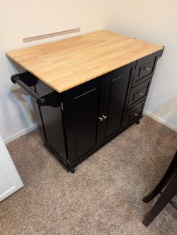 Black Kitchen Island / Rolling Cart - Butcher Block Top & Drop Leaf