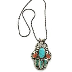Sterling Chain Tibetan Pendant Necklace 