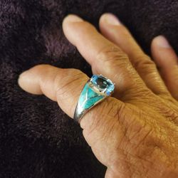 Sterling Silver His Hers Blue Oval Topaz Inlay Turquoise Ring 