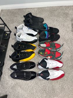 Jordan 12’s,  Jordan 11,  Jordan 6,  Jordan 5, and nikes