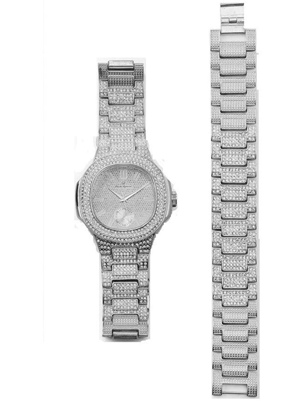 Bling-ed Out Oblong Case Metal Mens Watch w/Matching Bracelet Gift Set - 8475B - Silver