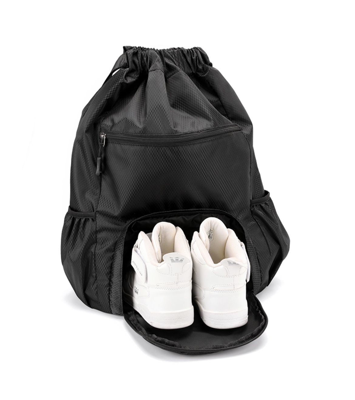 Drawstring Gym Backpack Small Fitness Workout Sports Duffle Bag with Multi Pocket & Shoes Compartment Black
