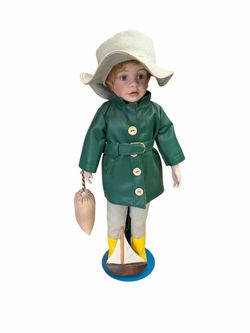 Vintage Marian Yu Designs 16” Porcelain Doll Boy Green Raincoat Yellow Boots,Hat