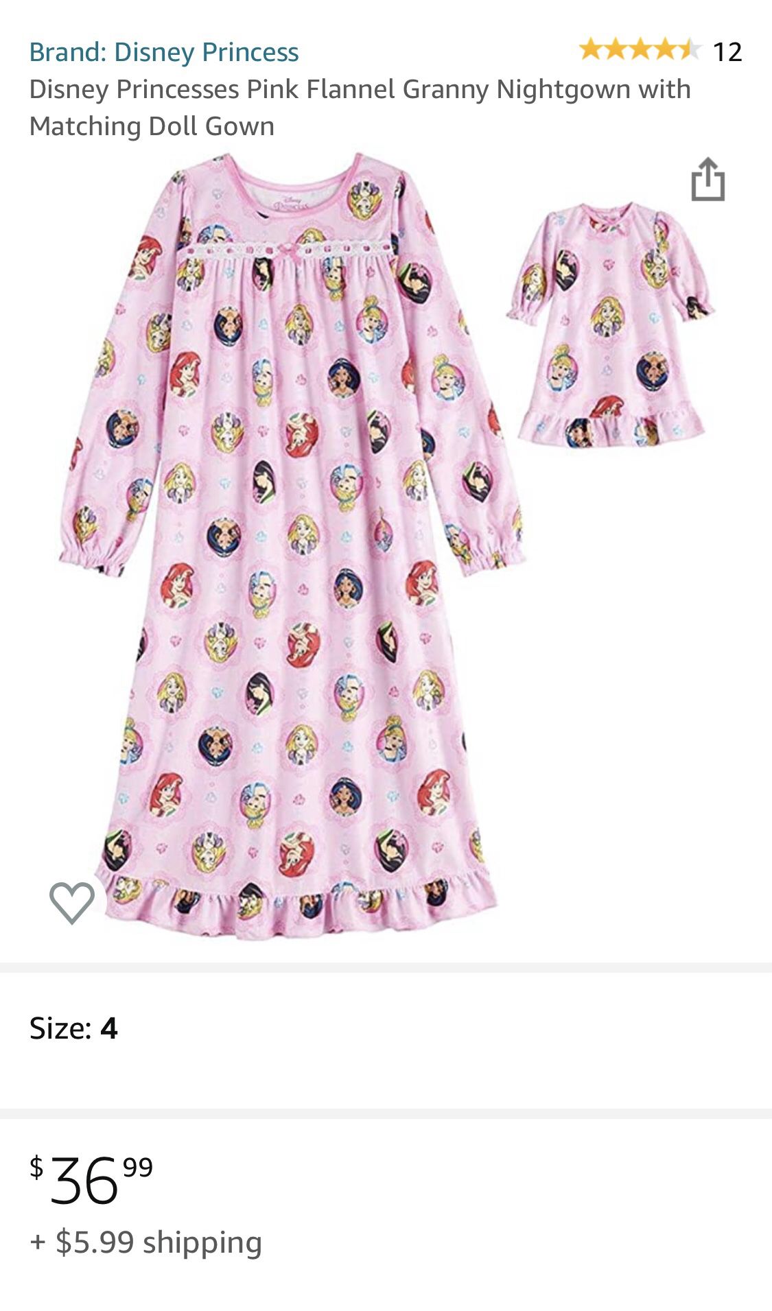 Disney Princess Nightgown With Matching Doll Gown
