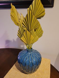 Glazed Blue Vase With Palm Decor