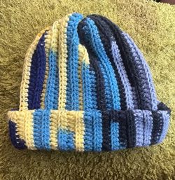 Handmade Crochet Beanie, color, yellow, blue, navy