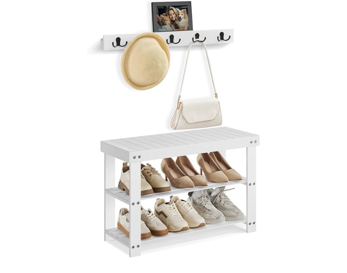 SONGMICS Shoe Bench Wall Coat Rack Set with 5 Double Metal Hooks - White