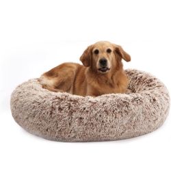 Calming Donut Dog Bed, 21 Inches Round Fluffy Dog Beds for Large Dogs, Anti-Anxiety Plush Dog Bed, Machine Washable Pet Bed Brown