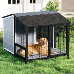 Coziwow 46"L 2-in-1 Wooden Aluminum Outdoor Dog House with Run