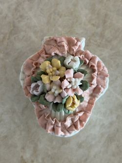 White Porcelain Pink Flowered Covered Jewelry Box