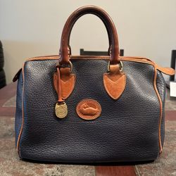 Vintage Dooney & Bourke Navy Blue And Brown Leather Speedy Bag