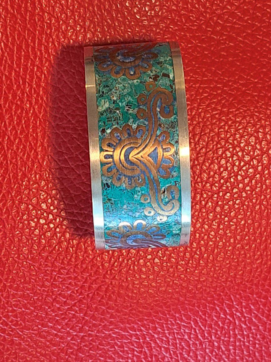 Taxco Sterling silver And GENUINE stone Inlay Cuff BRACELET 