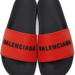 Brand New Balenciaga Red & Black Logo Pool Slides Sz 12