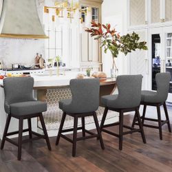 26"H Swivel Bar Stool with Back, Faux Leather Counter Stool, Solid Wood Legs, Retro Upholstered Barstools for Kitchen Island, Home Bar