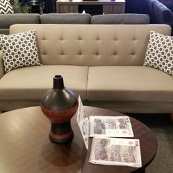 Brand New 82" Tan/Teal/Ash Black Linen Midcentury Modern Sofa + 2 Accent Pillows