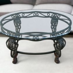 Dark Green / Copper Metal Oval Coffee Table & Glass Top