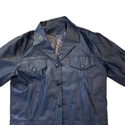 Navy denim style leather jacket, 40/M. 