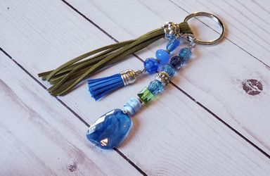 Blue Green tassel Beaded Keychain,Large Tassel Keychains, Keychain for Women, glass keychain, beads, Purse Charms, Gift Ideas