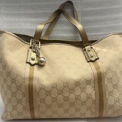 GUCCI Joy Tote GG Canvas Champagne Metallic Leather Charm Shoulder Bag Auth COA