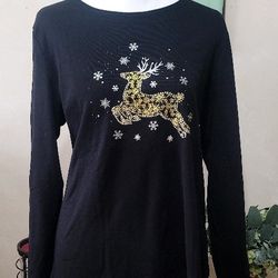 NEW Woman's Black Long Sleeve Top with Gold Silver Glitter Reindeer Design