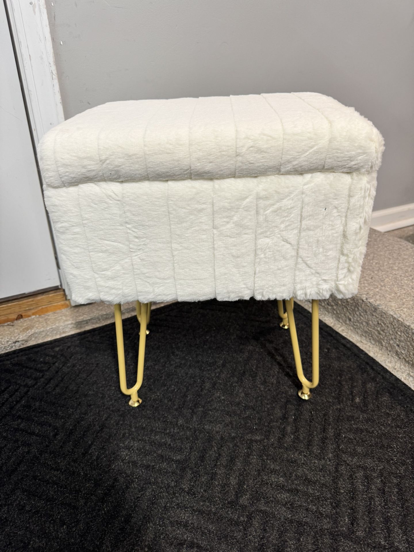 Brand New White Vanity Stool Chair w/Storage Ottoman Faux Fur Soft Padded Makeup Footstools