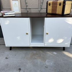 Off-White Pottery, Barn Style 2 Compartment Low Decor Chest / Tv Stand Gold Knobs