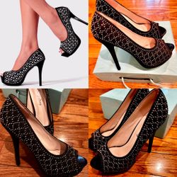 Sassy Sexy IDETTE black/silver Shine Gem Studs open-toe platform pumps high heel